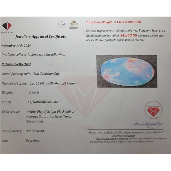 ($4,860 APPRAISAL) - 2.43 CT CERTIFIED OPAL GEMSTONE