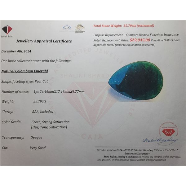 ($29,045 APPRAISAL) - 25.70 CT CERTIFIED EMERALD GEMSTONE