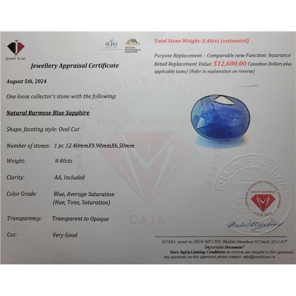 ($12,600 APPRAISAL) - 8.40 CT CERTIFIED BLUE SAPPHIRE GEMSTONE