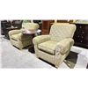 Image 2 : 2 PATTERNED FABRIC LOUNGE CHAIRS & ROUND END TABLE 25" X 27" (CRACK IN BASE OF TABLE)
