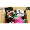 Image 2 : BOX OF ASSORTED ITEMS INCLUDING; TIGER TOES PET SOCKS, WELLKNEE KNEE PATCH, POOL FLOATS AND MORE
