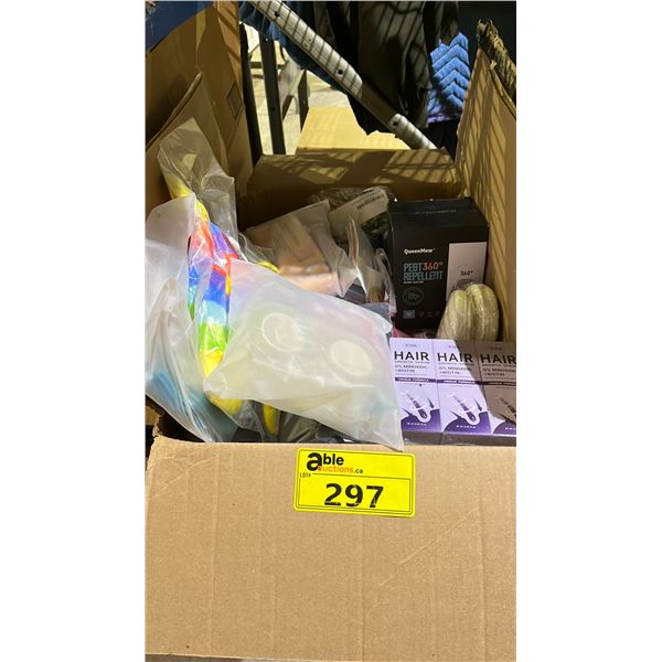 BOX OF ASSORTED ITEMS INCLUDING; WMK HAIR GROWTH SERUM, JEWELRY, PEST 360 REPELLENT AND MORE