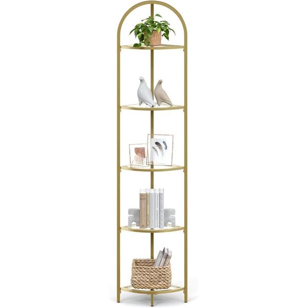 VASAGLE 5-Tier Corner Shelf Stand, Corner Bookshelf, Bathroom Organizer, Plant Stand, Tempered Glass