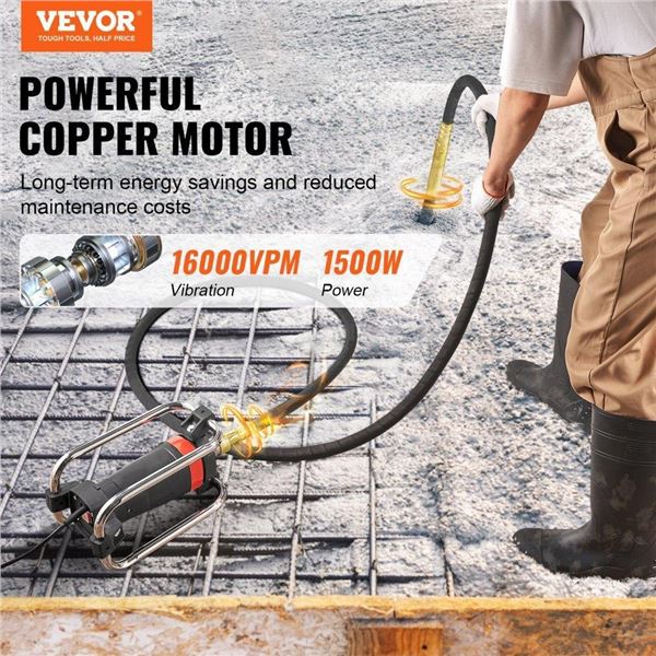VEVOR Electric Concrete Vibrator, 1500W 16000 VPM, 2HP Copper Motor Handheld Concrete Vibrating Tool