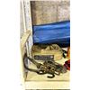 Image 2 : SHELF OF ASSORTED ITEMS INCLUDING; RATCHET & LOAD STRAPS, JUMPER CABLES, 3-1/4" HITCH DROP & MORE