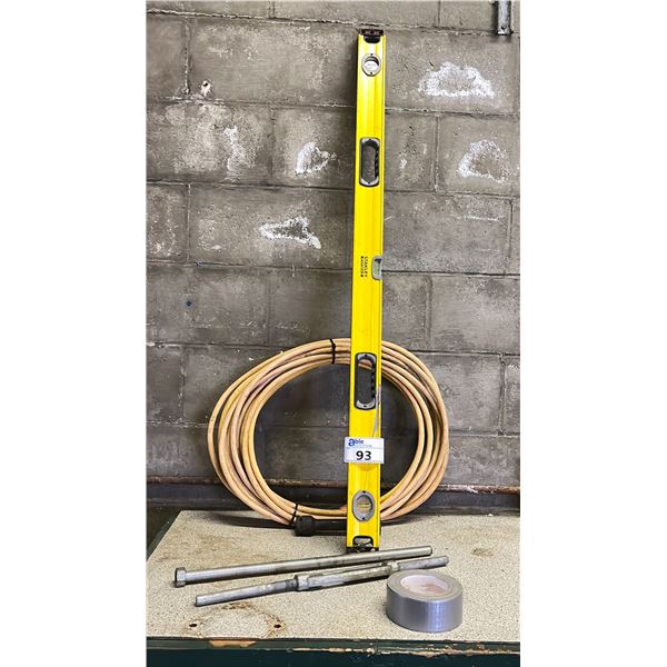ASSORTED ITEMS INCLUDING; LEVEL, EXTENSION CORD, DUCT TAPE & MORE
