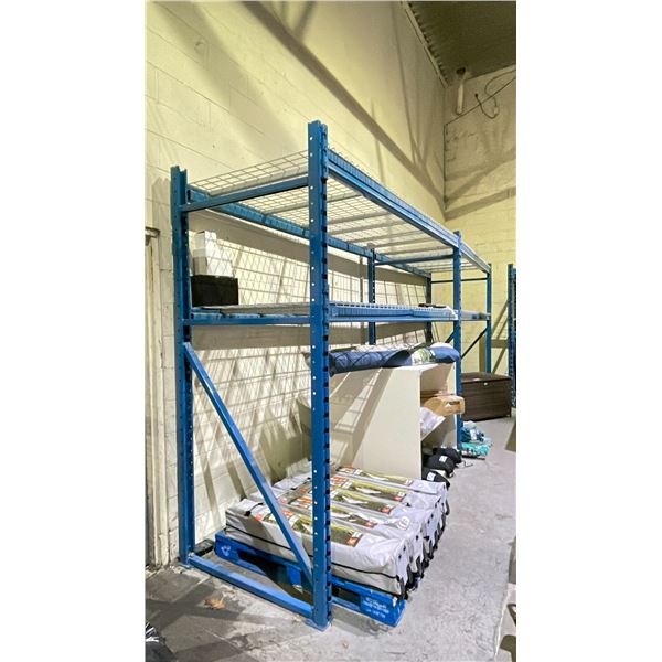 PALLET RACKING SECTION INCLUDING; 3 8' UPRIGHTS, 8 9' CROSS BEAMS & 8 WIRE DECKS (CONTENTS NOT