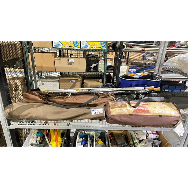 SHELF OF ASSORTED ITEMS INCLUDING; TENT, FISHING ROD, CRUTCHES & MORE