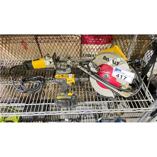 ASSORTED DEWALT TOOLS INCLUDING; CIRCULAR SAW, DRILL, TRIM ROUTER & MORE