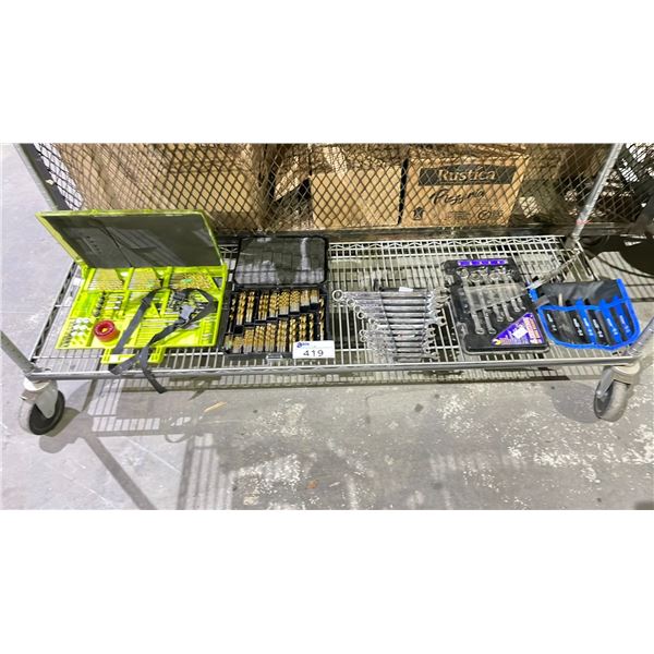 SHELF OF ASSORTED TOOLS INCLUDING; DRILL BITS, WRENCHES & MORE