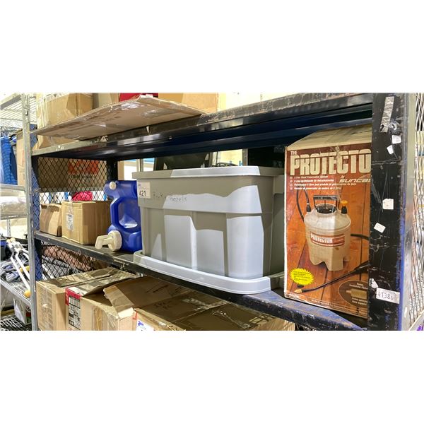 SHELF OF ASSORTED ITEMS INCLUDING; WOOD PRESERVATIVE SPRAYER, AQUA-TAINER & MORE