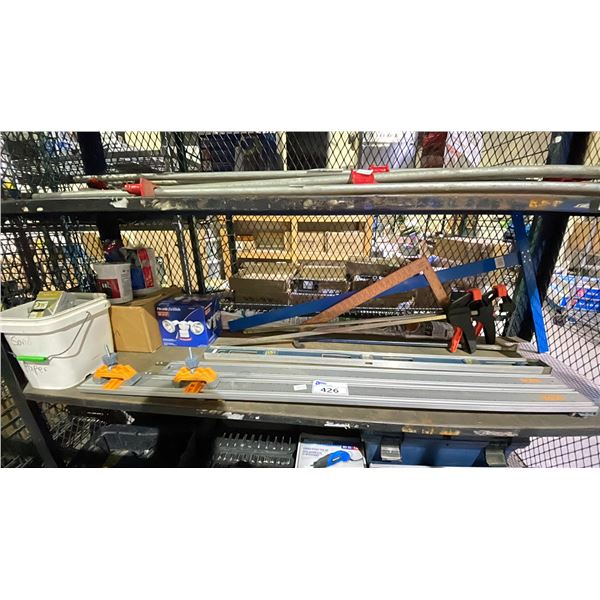 SHELF OF ASSORTED ITEMS INCLUDING; SQUARES, HARDWARE, LEVEL & MORE
