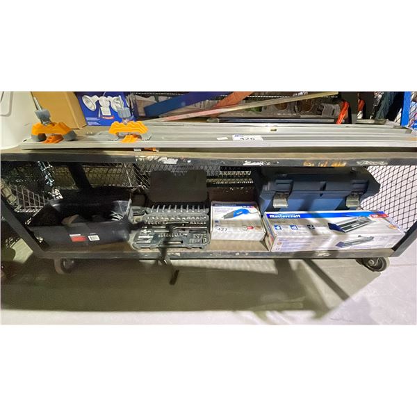SHELF OF ASSORTED TOOLS INCLUDING; TILE CUTTER, CORDED ROTARY TOOL KIT, SOCKET SET & MORE