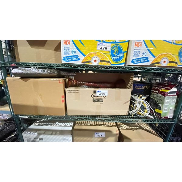 SHELF OF ASSORTED ITEMS INCLUDING; CANDLE HOLDERS, POWER CORDS & MORE