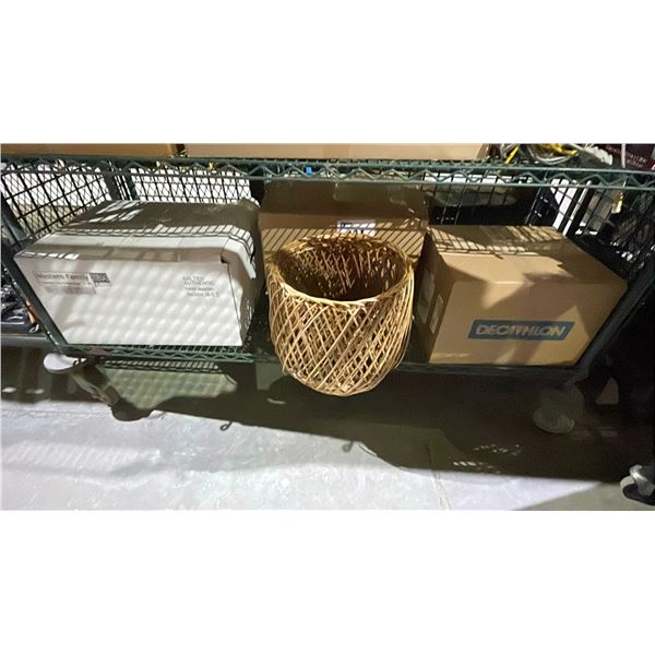 SHELF OF ASSORTED ITEMS INCLUDING; WHICKER BASKET & MORE