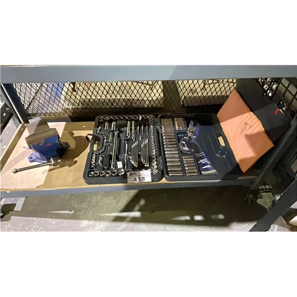 SHELF OF ASSORTED TOOLS INCLUDING; BENCH GRINDER & SOCKET SETS