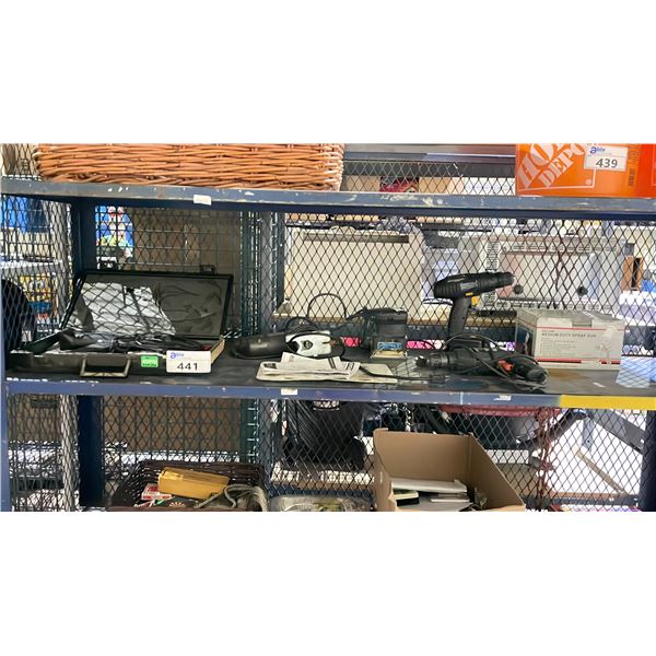 SHELF OF ASSORTED TOOLS INCLUDING; DRILLS, SANDER, TIMING LIGHT & MORE