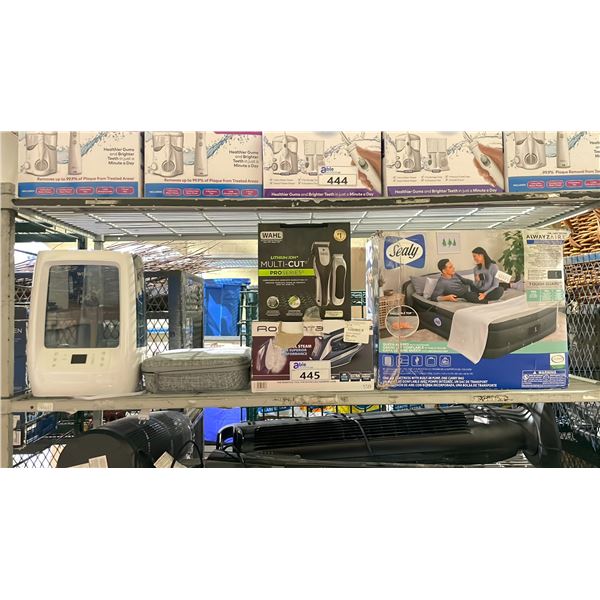 SHELF OF ASSORTED ITEMS INCLUDING; WAHL HAIRCUTTING KIT, SEALY QUEEN AIRBED, MASSAGER & MORE