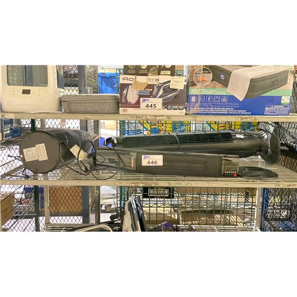 SHELF OF ASSORTED ITEMS INCLUDING; TOWER FAN, TOWER HEATER & AIR PURIFIER