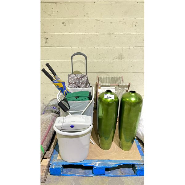 PALLET OF ASSORTED ITEMS INCLUDING; SHREDDER, VASES, LAUNDRY HAMPER & MORE
