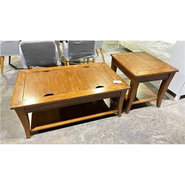 WOOD COFFEE TABLE WITH STORAGE COMPARTMENTS 48" X 30" X 19" & SIDE TABLE 24" X 28" X 24"