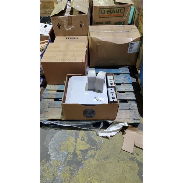 PALLET OF ASSORTED ITEMS INCLUDING; SPEAKER SYSTEM & MORE