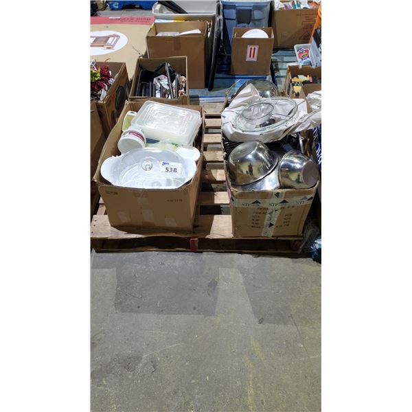 PALLET OF ASSORTED ITEMS INCLUDING; POTS & PANS, KITCHENWARE & MORE