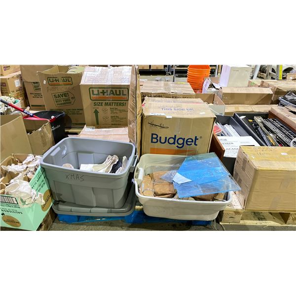 PALLET OF ASSORTED ITEMS INCLUDING; TOOL BELT, PAINT SUPPLY & MORE