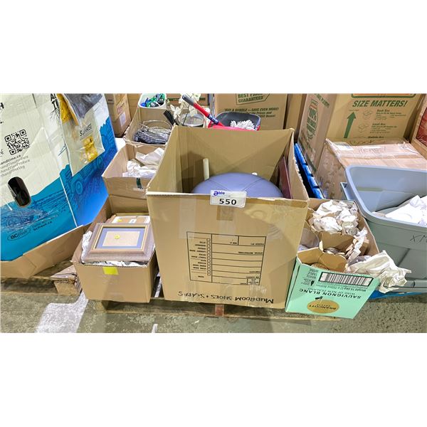 PALLET OF ASSORTED ITEMS INCLUDING; STORAGE OTTOMAN, CANDLES, MOP WITH BUCKET & MORE