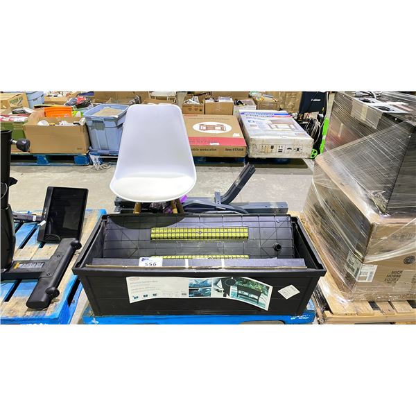 PALLET OF ASSORTED ITEMS INCLUDING; CHAIR, PLANTER BOX & FITNESS STAND (UNKNOWN WORKING CONDITION,