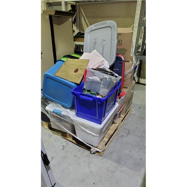 PALLET OF ASSORTED ITEMS INCLUDING; TOTES, SUITCASE & MORE