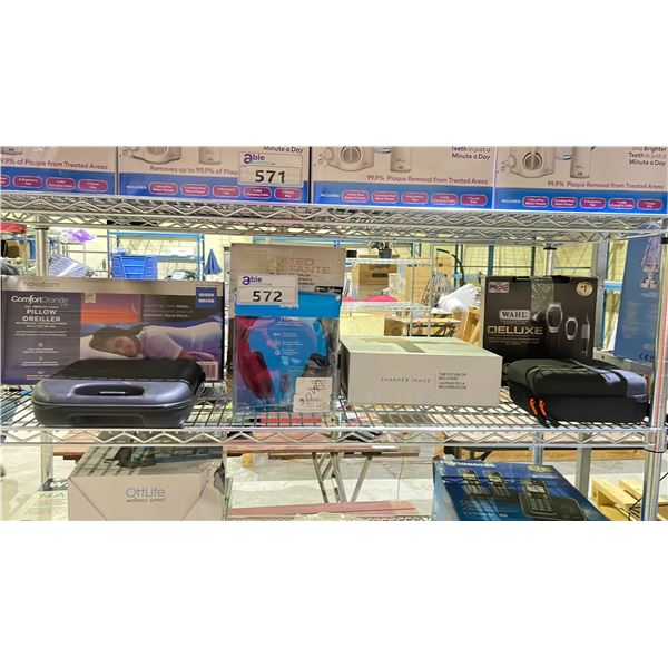 SHELF OF ASSORTED ITEMS INCLUDING; LOGITECH HEADSET, NOVAFORM PILLOW, HAIR CUTTING KIT & MORE
