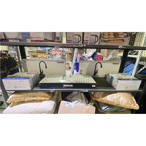 SHELF OF ASSORTED ITEMS INCLUDING; KOHLER BEVIN & LIR KITCHEN FAUCETS & WATERPIK WATERFLOSSERS