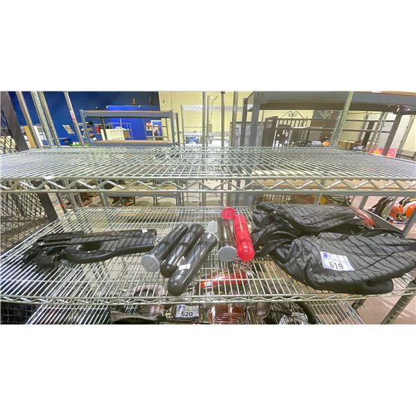 SHELF LOT OF PAINT BALL HOPPERS, BAG AND MORE
