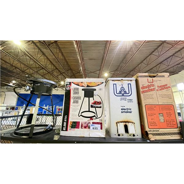 SHELF LOT OF HOME ELECTRIC SMOKER, AND OUTDOOR JUMBO COOKER