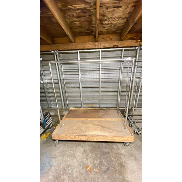2 ROLLING CLOTHING RACKS WITH WOODEN STORAGE PLATFORM