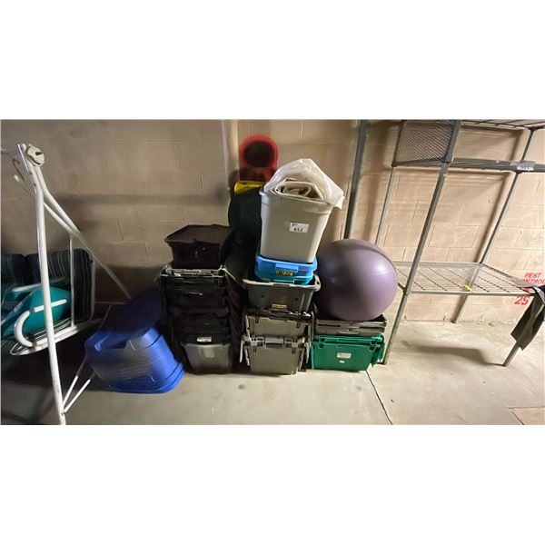 LARGE LOT OF ASSORTED TOTES, EXERCISE BALL AND MORE