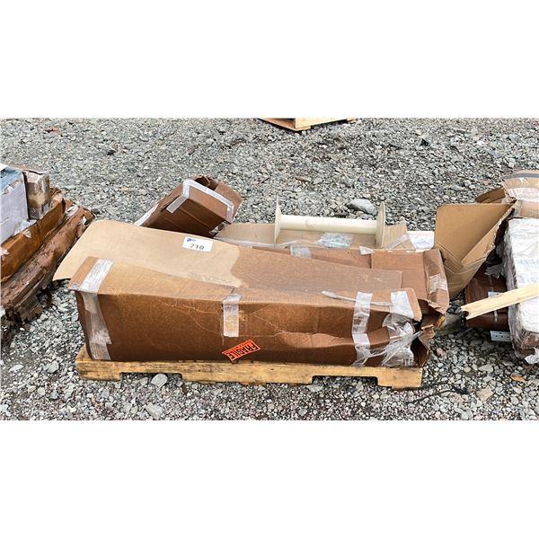 PALLET OF ASSORTED ITEMS INCLUDING; LOCKER ROOM BENCH & MORE
