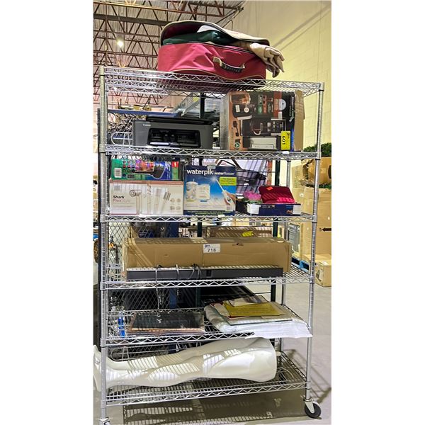 RACK OF ASSORTED CONTENTS INCLUDING; SOUNDBAR, COFFEE MAKER, MANNEQUIN PARTS & MORE (UNKNOWN