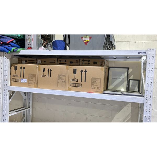 SHELF OF ASSORTED SIZE PICTURE FRAMES