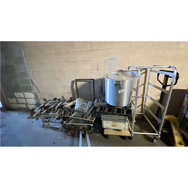 LOT OF BAKERS TRAYS, 4 WHEEL DOLLY FRAMES, LARGE POT AND MORE