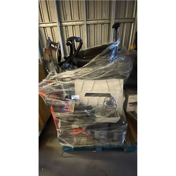 PALLET OF ASSORTED ITEMS INCLUDING OFFICE CHAIR, SHARK VACUUM, HUSQVARNA PRESSURE WASHER AND MORE