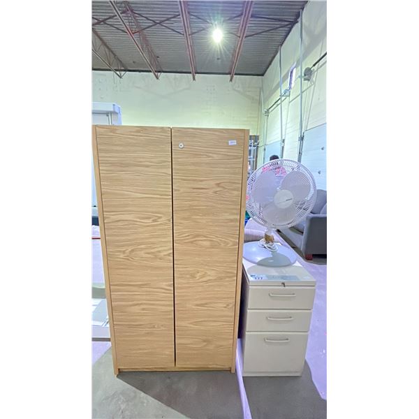 3 DRAWER METAL FILE CABINET, 2 DOOR WOOD CABINET & HOLMES FAN