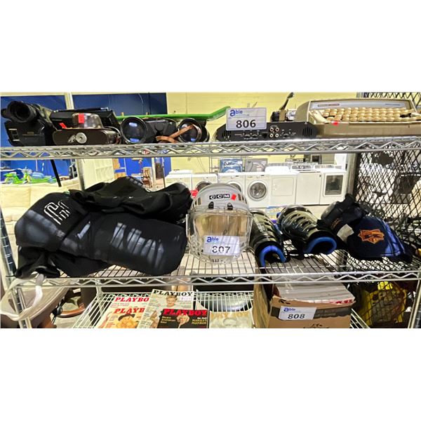 SHELF OF ASSORTED KIDS HOCKEY EQUIPMENT