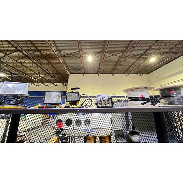 SHELF OF ASSORTED ITEMS INCLUDING; WORKLIGHTS & REELS OF WIRE