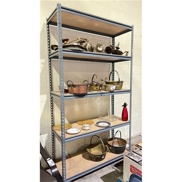 RACK OF ASSORTED COLLECTIBLES INCLUDING; ANTIQUE POTS, ANTIQUE LIGHT FIXTURES, DINNERWARE & MORE