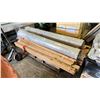 Image 1 : PALLET OF ASSORTED ITEMS INCLUDING; ROLL OF VAPOR BARRIER, ASSORTED WOOD & 2 ROLLS OF FLOORING