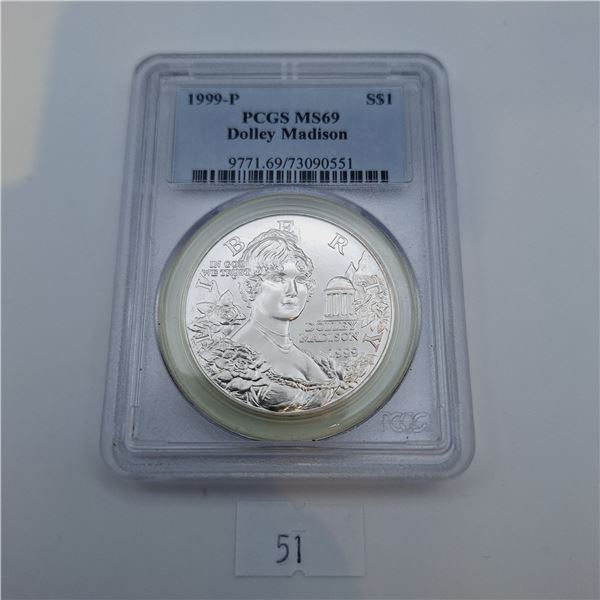 PCGS MS69 1999-P Dolley Madison Silver Dollar 26.73g 90% Silver