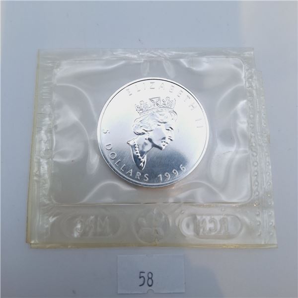 1996 Canadian Silver Maple Leaf One Troy Ounce .9999 Silver