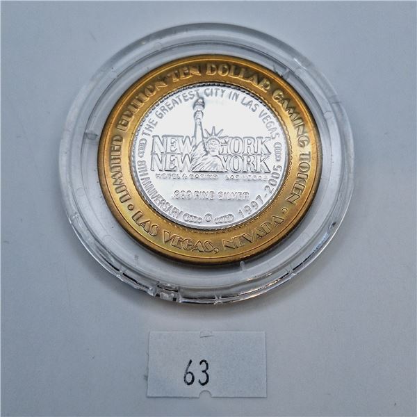 New York New York Ten Dollar Casino Token 0.6oz .999 Silver